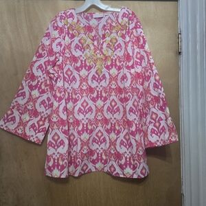 Kim Gavel Women's Pink Patterned Tunic Top with Embroidered Neckline